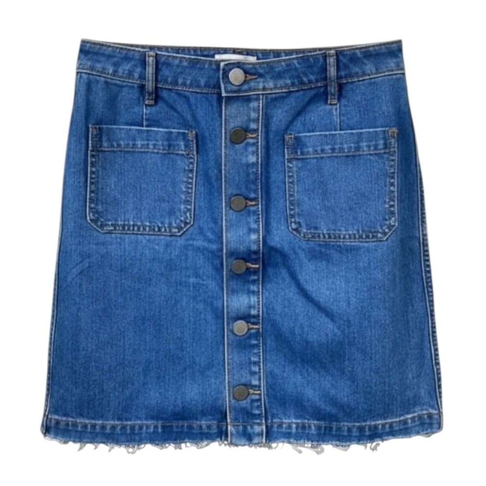 LOFT OUTLET Super Cute DENIM PENCIL SKIRT Button-Up Pockets FRAYED CUT HEM sz 6